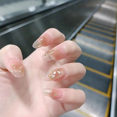 B667金箔貝殼中長款裸透色清新夏日魔鏡粉少女學生穿戴甲假指甲片