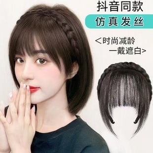 Tiktok-Style Braided Headband with Bangs, Real Hair Front Fringe, Sideburns to Cover Gray Hair, Wispy Bangs Hairpiece