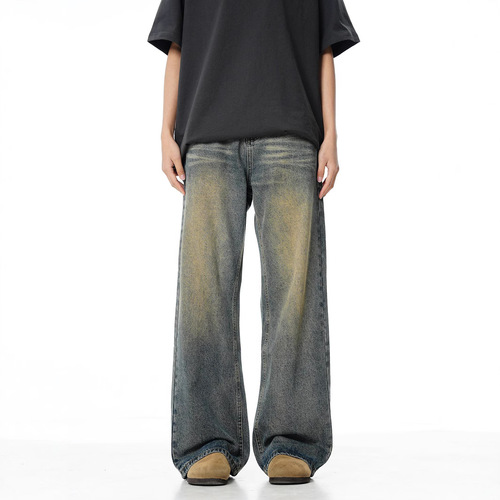 Niche worn-out, vintage-style washed straight-leg men's autumn jeans, loose-fitting and versatile wide-leg floor-length trousers