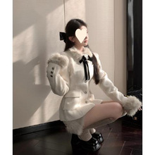 毛绒拼接毛呢外套富家千金套装女秋冬高腰毛边半身裙氛围感两件套