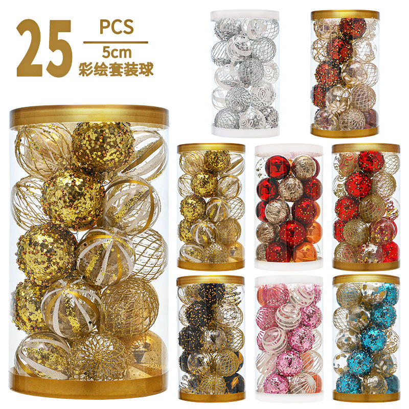 Nuevo producto 5CM bola de Navidad de plástico 25 barril de polvo adhesivo bola galvanizada árbol de Navidad colgante decoración bola colgante set