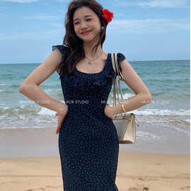 气质女主荷叶边短袖连衣裙女性感露背波点中长裙通勤无袖中长款