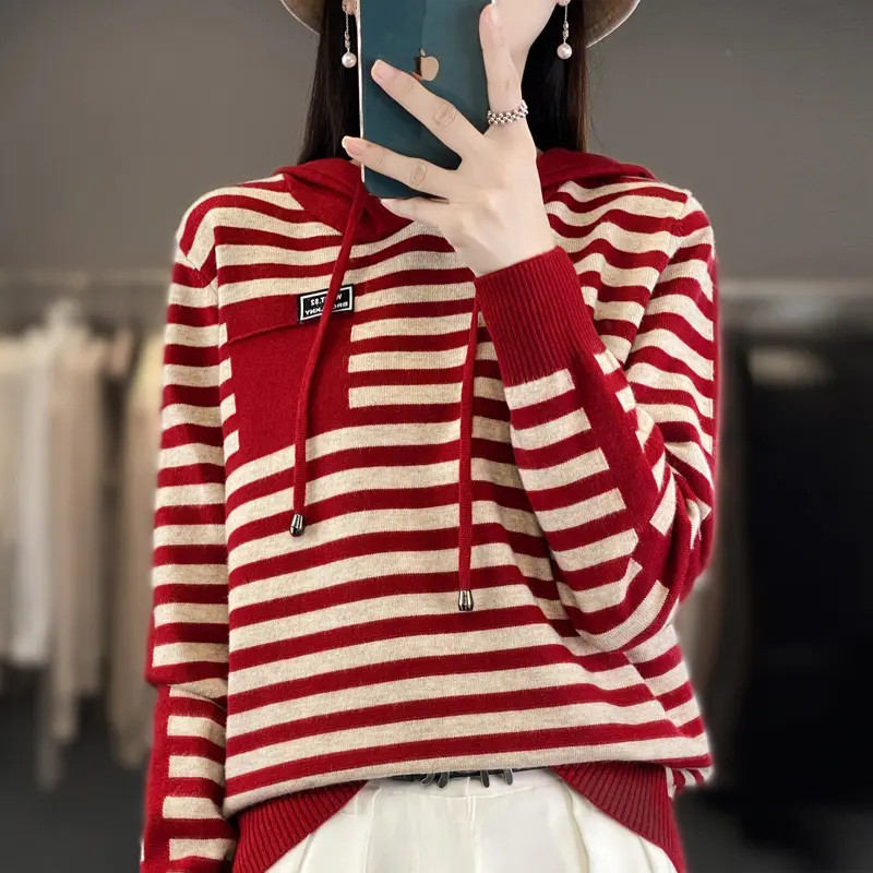 春季新款女士口袋条纹时尚百搭针织衫显瘦休闲连帽衫|undefined