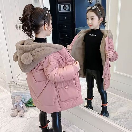 Winter New Girls' Cotton Jacket Korean Style for Middle Children, Thick Medium-Length Padded Hooded Bear Fleece Coat Trendy