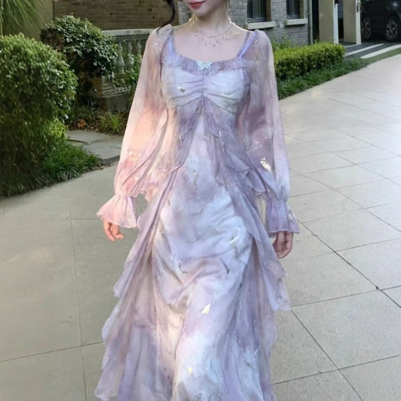 Plus Size Beautiful Purple Smudged Bronzing Dress for Women Spring Fat mm One Shoulder Ruffled Fairy Long Sleeve Skirt