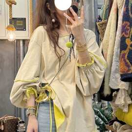 暖枫莱撞色慵懒宽松开叉灯笼袖长袖卫衣T恤女2026新款开春穿搭