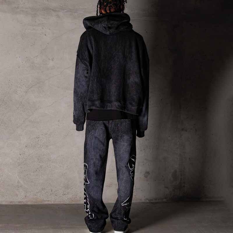 Moška oblačila Ulični trend Distressed Flame potiskan pulover s kapuco Retro pulover s kapuco Hlačne obleke Moška_voghion.com