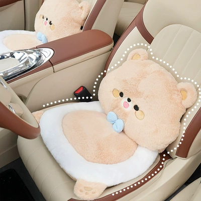Cartoon Car Seat Cushion, Imitation Rabbit Fur, Cute Bear Car Pillow, Waist Pillow, Comfortable Car Seat Cushion for All Seasons