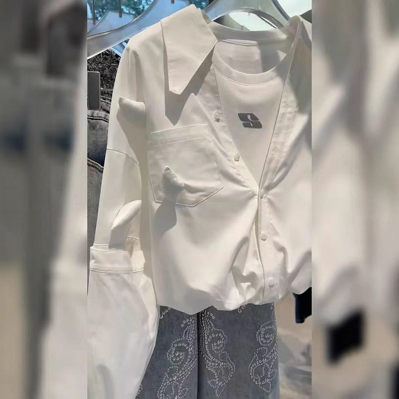 法式甜美休闲假两件白色长袖短款衬衫女2025早春小众别致漂亮小衫|undefined
