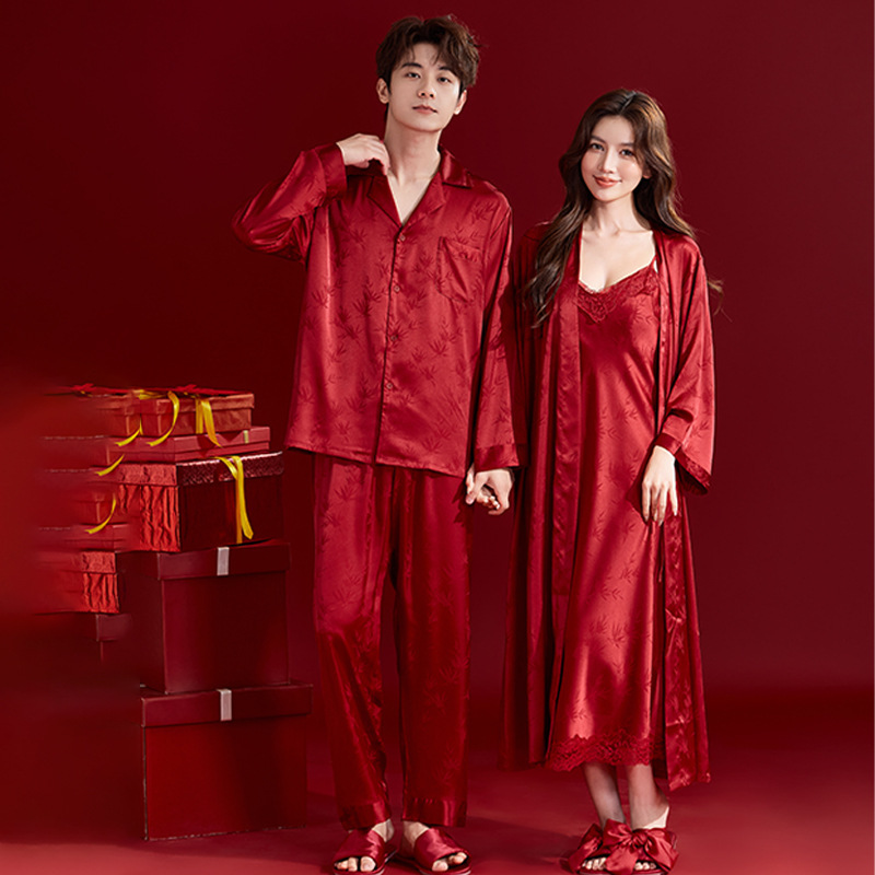 Red Wedding Pajamas for Newlyweds, Ice Silk Dressing Gown for Bride and Groom, Wedding 2026 New Style, Spring and Autumn Wedding Use