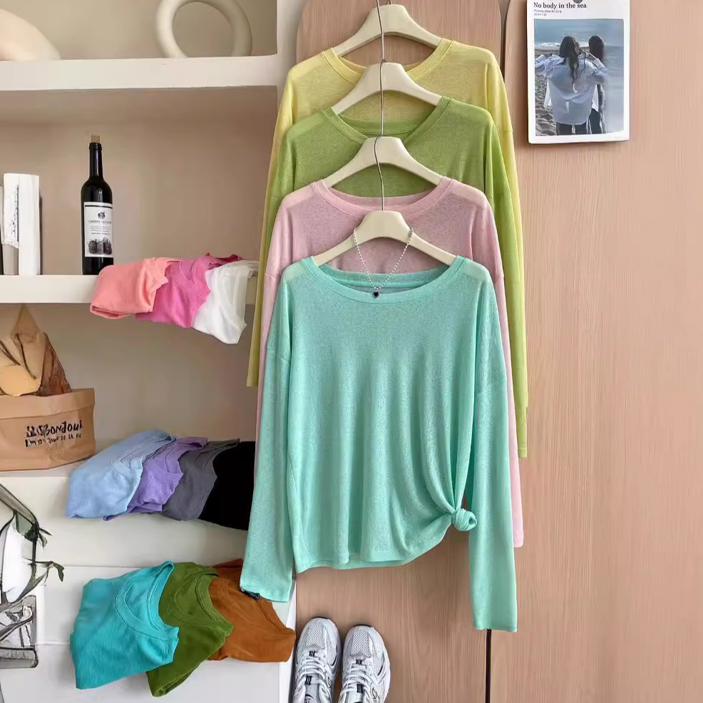 Candy-colored dopamine-enhanced ice silk linen sun protection long-sleeved t-shirt for women, summer loose and comfortable oversized air-conditioning cover-up top, thin