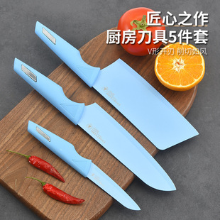 Foreign Trade Stainless Steel Knife Set Kitchen Blue Spray Paint Knife Five-Piece Set Business Gift Combination Knife Set Wholesale