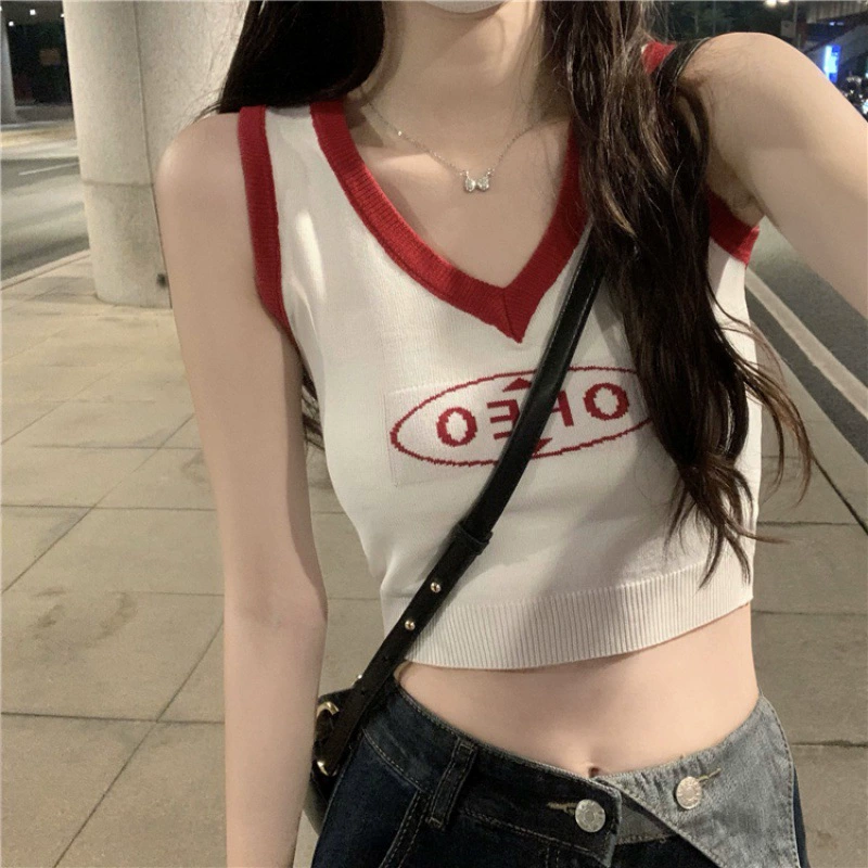 Трикотажная Нижняя камисоль с V-образным вырезом, женская летняя ниша с дизайном внутри, французский топ без рукавов, чистый горячий топ для девочек