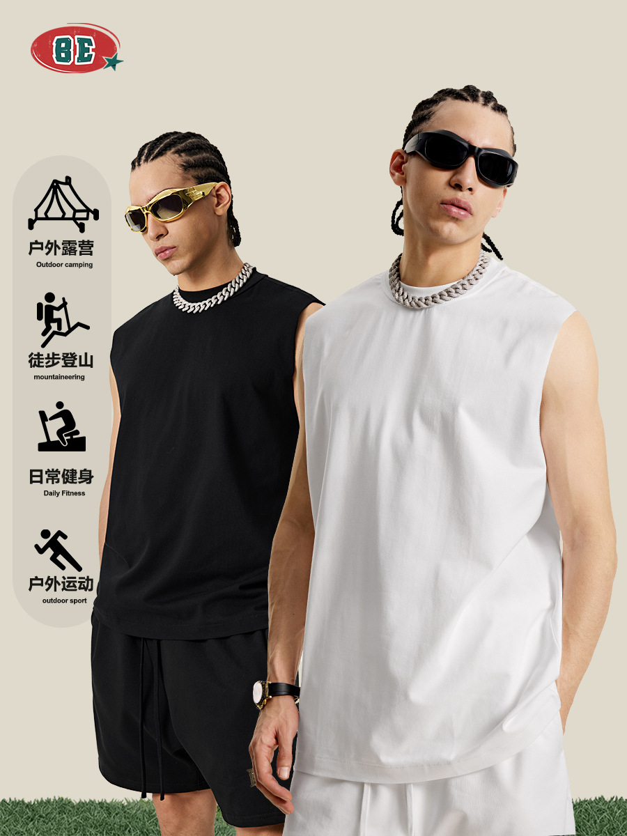 Ropa para Hombre BE | Chaleco deportivo de verano 2025 estilo americano con cuello pequeño, de secado rápido, color liso, sin mangas, con protección solar para hombre.