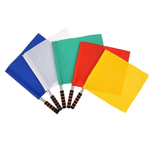 Starting gun, athletics referee corner flag, football side referee flag, red, yellow, green, white traffic director flag, railway signal flag