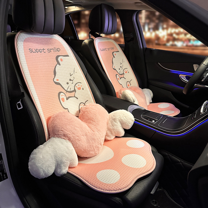 Cartoon Cute Cat Car Seat Cover Summer All Seasons Universal Single Seat Ventilated Ice Silk Seat Cover for Women