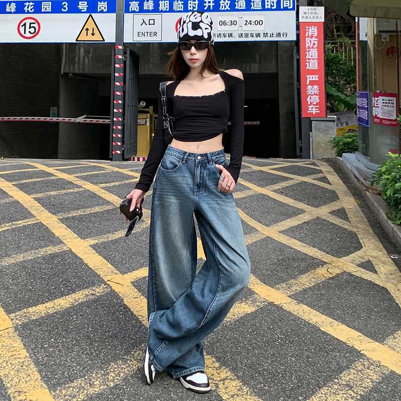 批发代发美式辣妹复古高腰宽松阔腿裤垂感直筒牛仔裤牛仔裤女秋季|undefined