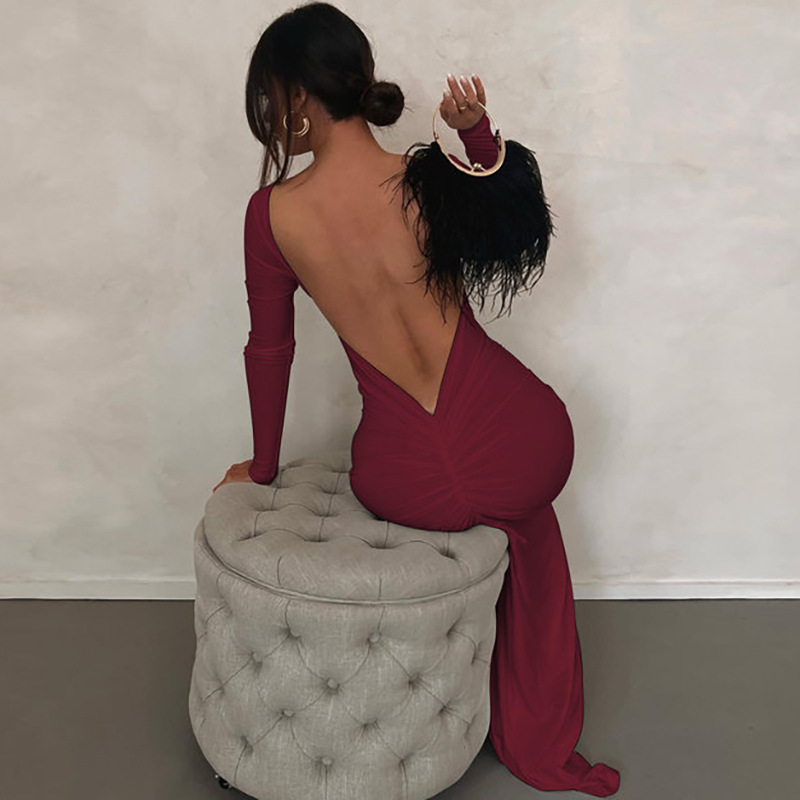 European And American Cross-Border Hot-Selling New Solid Color Sexy Backless Ruched Long Elegant Slim Dress_ecoleips.com