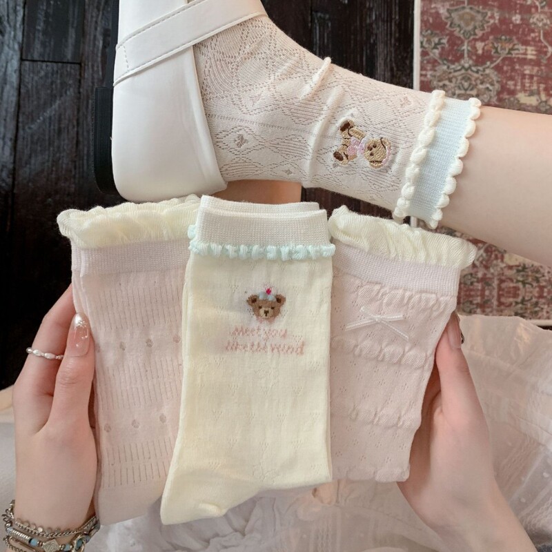 Cute Cartoon Bear Embroidery Socks for Girls, Pink and Blue Slouch Socks, Thin Lace Edge Seamless Bow Socks for Spring and Summer Cute Cartoon Bear Embroidery Socks for Girls, Pink and Blue Slouch Socks, Thin Lace Edge Seamless Bow Socks for Spring and Summer