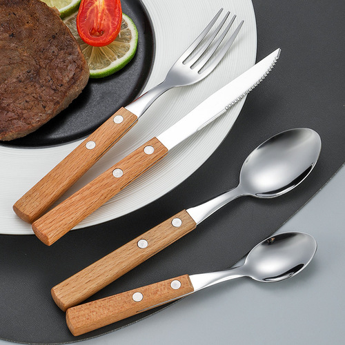 Wholesale 304 stainless steel knife, fork and spoon four-piece set Japanese-style Western tableware rosewood handle steak knife, fork and spoon set