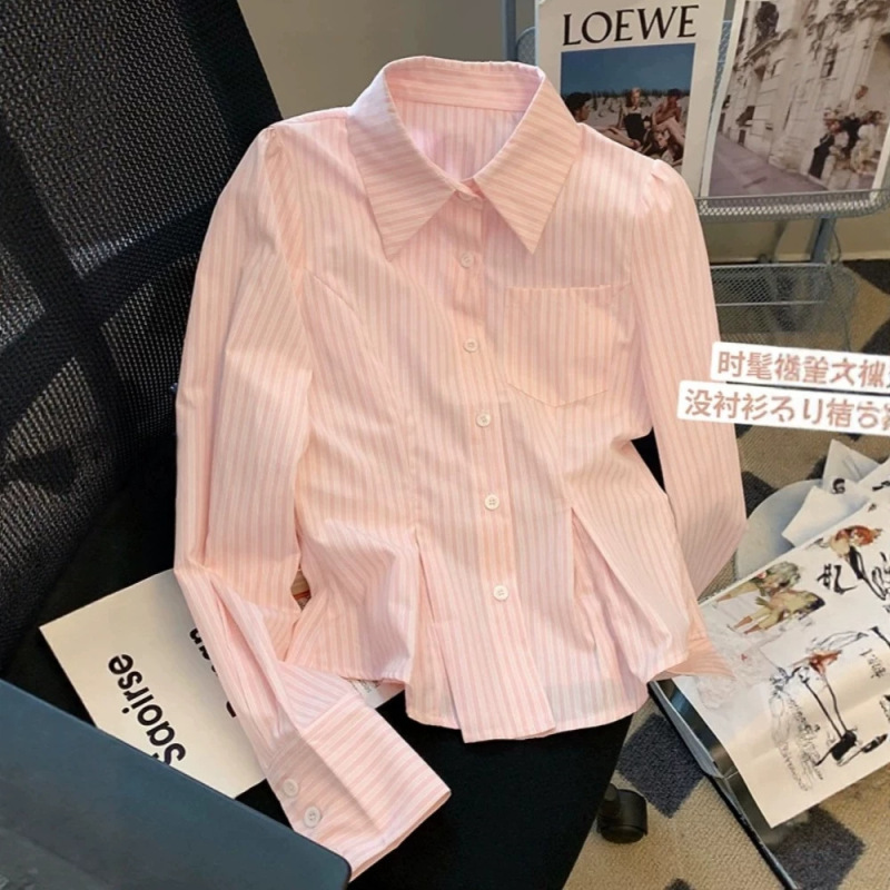 Pink striped, fitted, polo-collar, long-sleeved shirt for women, featuring a stylish and unique design, a slim fit, and versatile Korean-style top for autumn