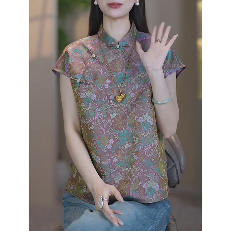 新中式国风立领斜襟香云纱提花短袖衬衫女老钱风改良唐装百搭上衣|undefined