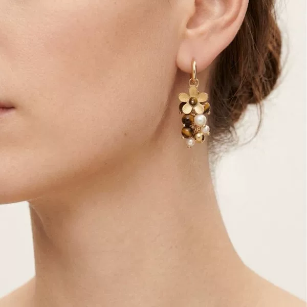 Maillard Tiger Eye Stone Tassel Earrings for Women, Vintage Beaded Ear Clips, Retro Atmosphere Earrings, Factory Wholesale Mixed Batch