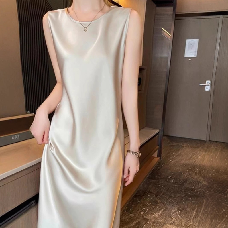 High-End Round Neck Silk Suspender Dress for Women Spring and Summer Acetate Satin Mid-Length Skirt with Silk Sleeveless Elegant