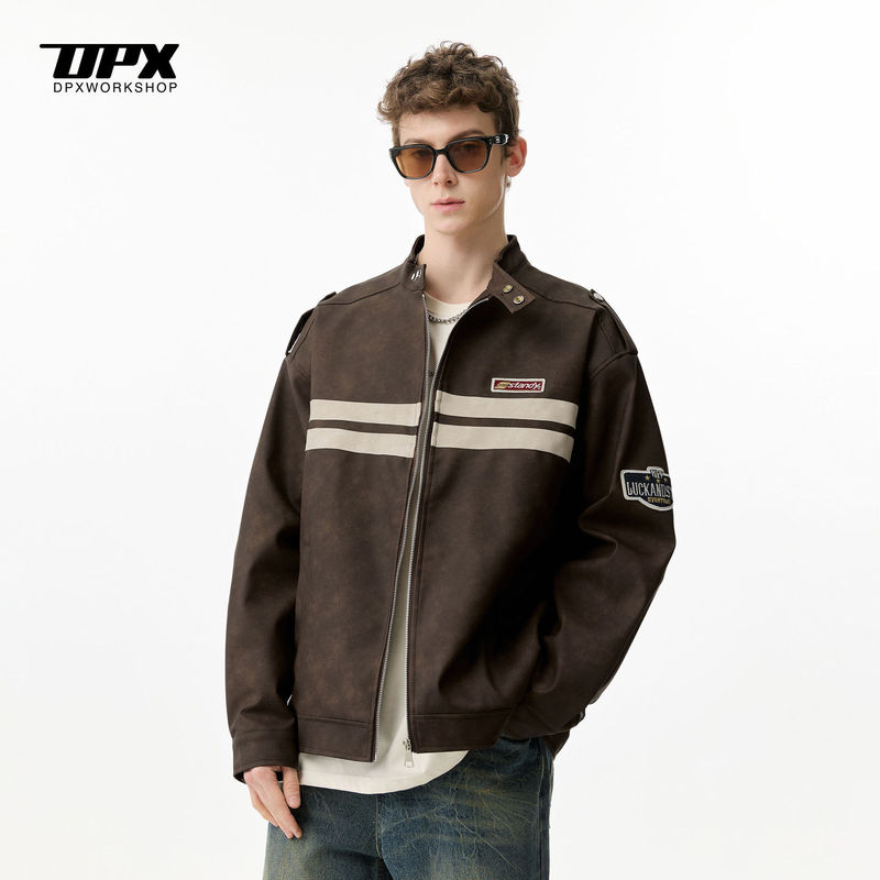 Spring and Autumn American Retro Casual Versatile Jacket for Men and Women, Loose Spliced Racing Suit Workwear Pu Leather Jacket Trendy
