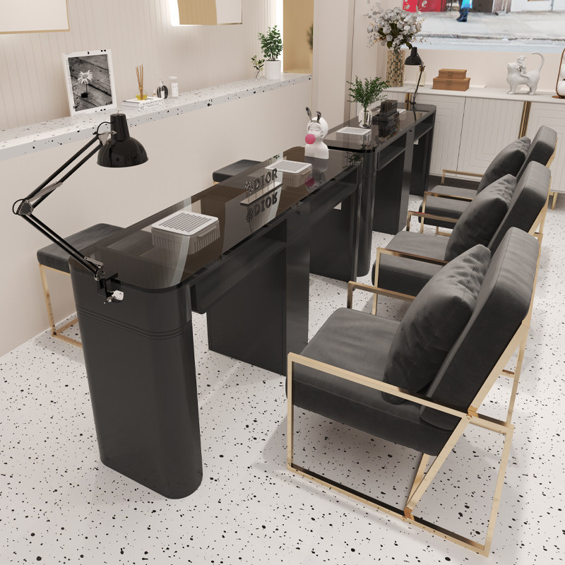 American-style tempered glass durable manicure table and chair set for nail salons, simple and luxurious with vacuum cleaner, black and gold manicure table