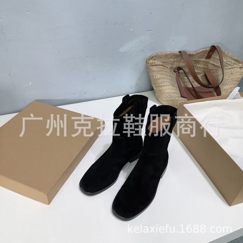 小众设计2025秋冬新款磨砂皮圆头复古英伦平底一脚蹬套筒中筒靴女|undefined
