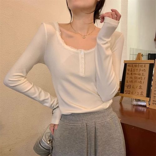 250g Comfort Fleece Lace Patchwork Button Round Neck T-shirt for Women Long Sleeve Slim Top