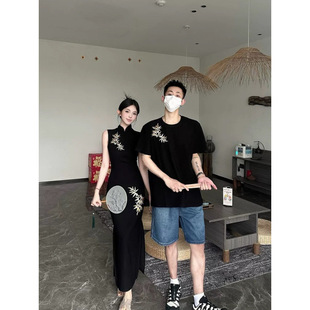 Two-Piece Couple's Summer New Chinese Style Cheongsam Slim-Fitting Hip-Hugging Dress, One Skirt and One Short-Sleeved T-Shirt