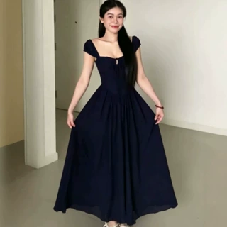 跨境欧美外贸女装2026春秋季新款纯色短袖裙收腰方领休闲连衣裙