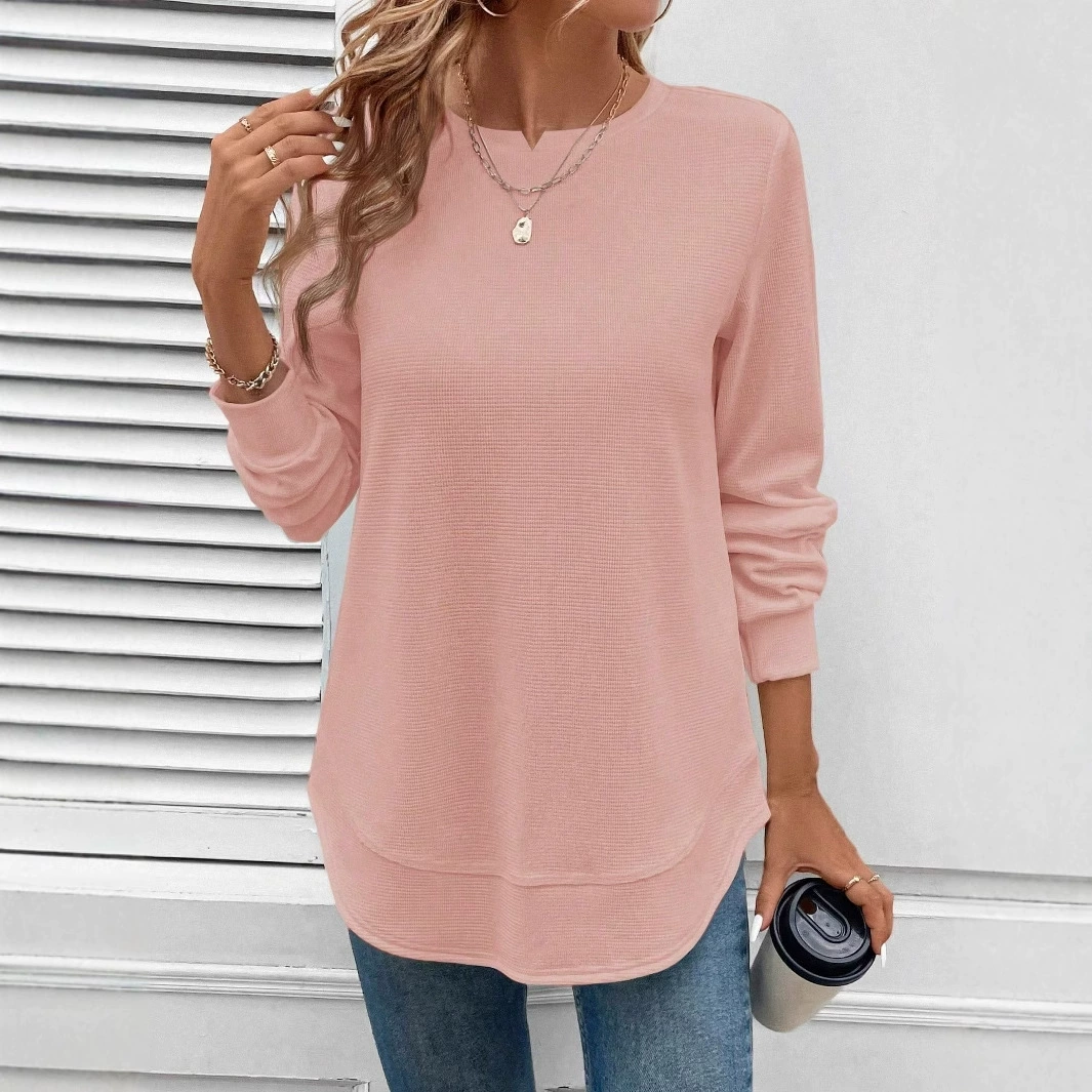 Spot cross-border Amazon women's basic asymmetric hem waffle check casual and comfortable sweatshirt