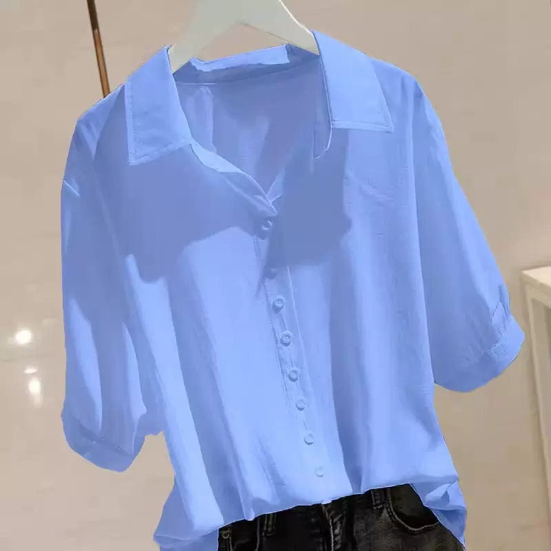 纯色短袖冰丝衬衫女夏季薄款大码宽松polo领设计感小个子休闲上衣