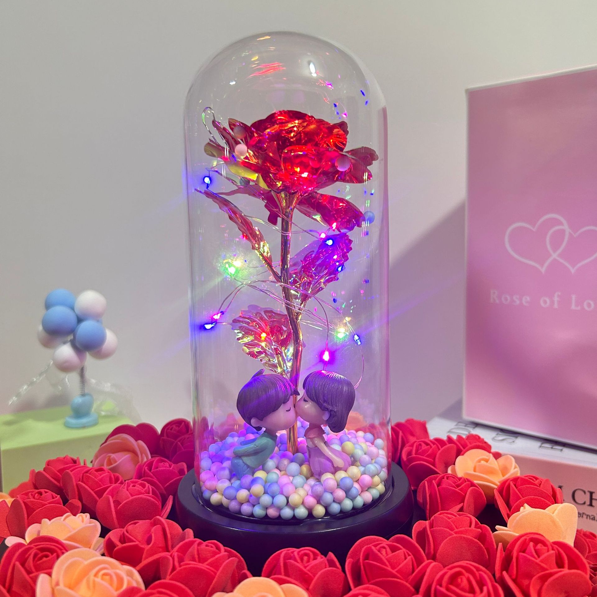 Flor inmortal rosa lámpara de vidrio Qixia Día de San Valentín 520 regalos de flores simuladas adornos de regalo para la madre para la novia