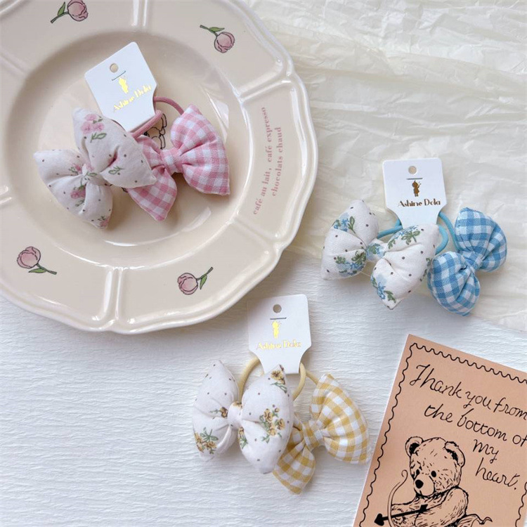 Korean-style children's floral bow hair tie for girls, padded grid hair ribbon hair accessory for babies, hair tie for tying hair