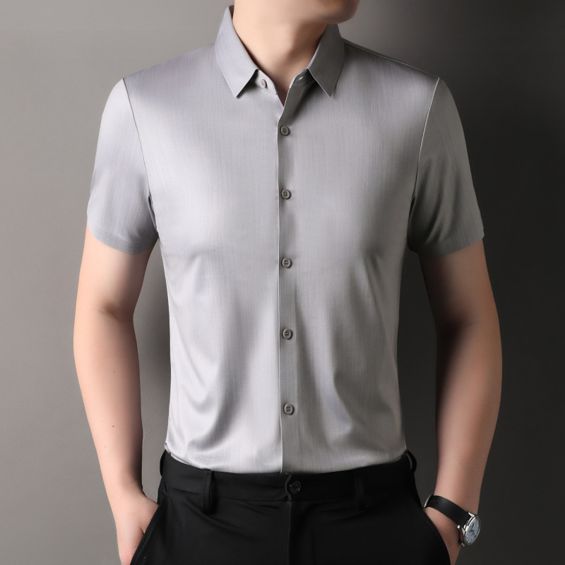 Pierre Cardin Summer Silk Short-Sleeve Shirt for Men, New Business Style, Wrinkle-Free, Striped Seamless Shirt for Men