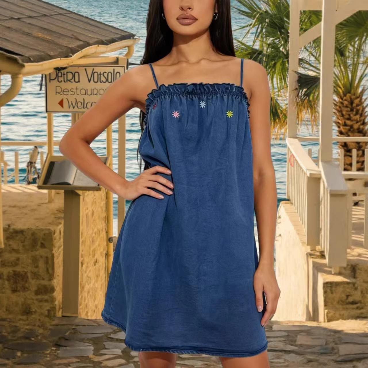 Women's Denim Suspender Dress New Style Floral Embroidery Loose A-Line Short Skirt_ecoleips.com