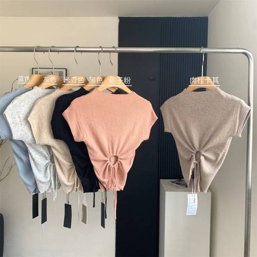 Summer Short-sleeved T-shirt Top Drawstring Waist Loose Slimming Knitted Shirt Short Style Slim-fit Thin Base Shirt for Women