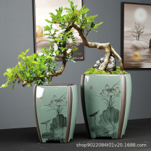 简约中国风哥窑陶瓷盆特大号兰花盆景专用绿植盆高款四方紫砂盆栽