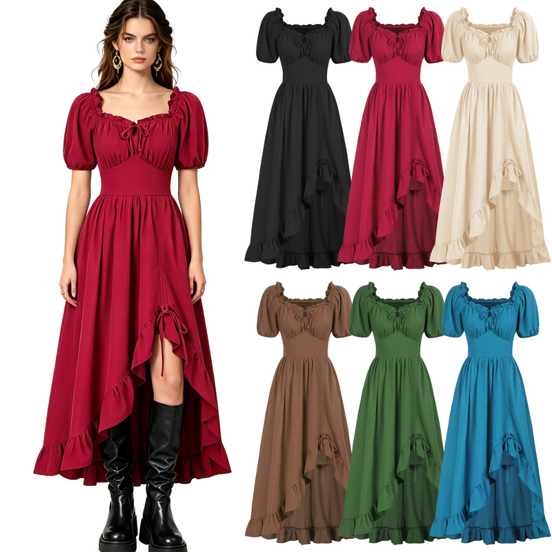 2026 Halloween Costume Victorian Medieval Retro Court Drawstring Ruffle Dress Short Sleeve 2026 Halloween Costume Victorian Medieval Retro Court Drawstring Ruffle Dress Short Sleeve