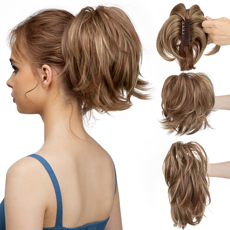 Cross-border European and American High Temperature Silk Wig Clamp Ponytail Women's Short Fluffy Small Curly Hair Adjustable Tiger Clip Fake Ponytail