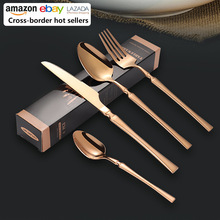 跨境亚马逊小蛮腰不锈钢刀叉勺套装金色西餐牛排餐具刀叉纸盒支装