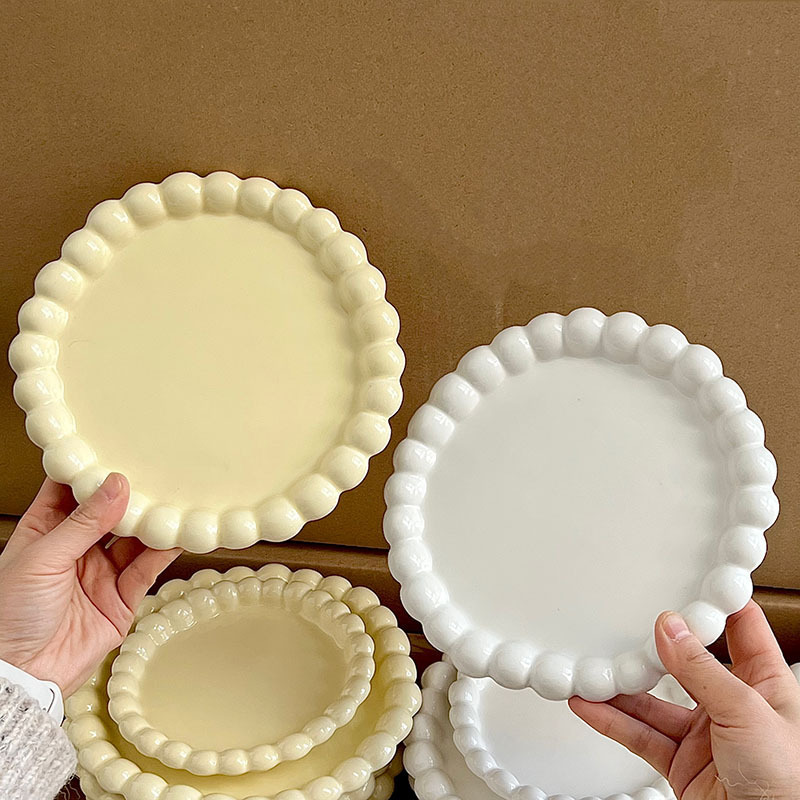 Ins Style High-Looking Pure White Milk Yellow Bead Dot Ceramic Plate French Style Asymmetrical Pasta Plate Dessert Breakfast Plate Ins Style High-Looking Pure White Milk Yellow Bead Dot Ceramic Plate French Style Asymmetrical Pasta Plate Dessert Breakfast Plate