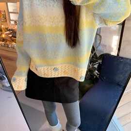 实价【绵羊绒】复古毛衣女秋冬渐变色条纹软糯宽松慵懒风针织衫上