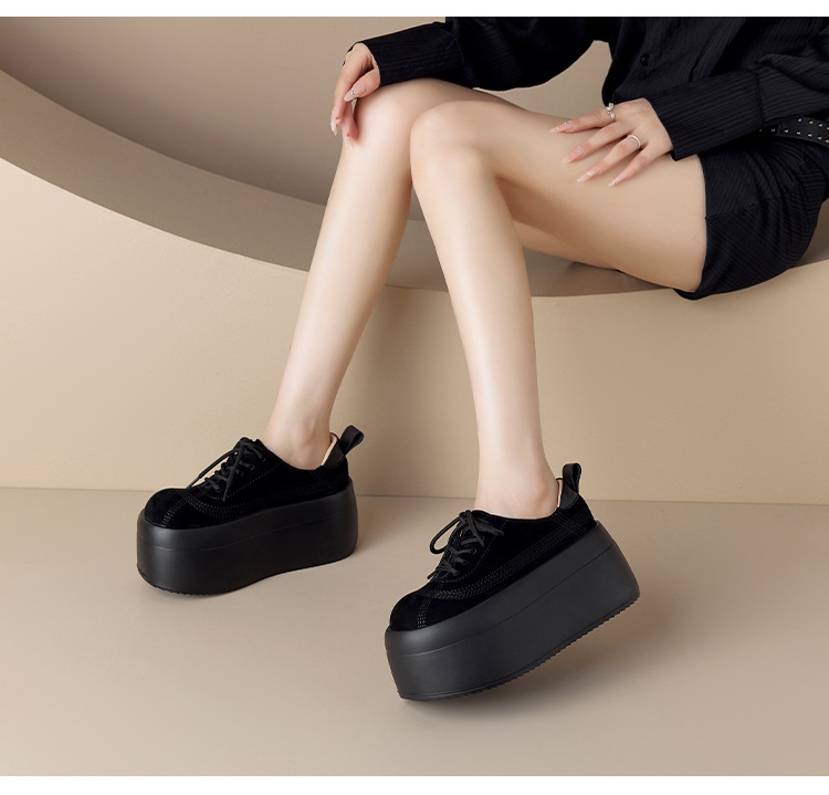 Giày sneaker nữ chunky đế dày mũi tròn phối màu dây buộc cổ thấp thu đông da thật — màu đen, màu mơ chi tiết 6