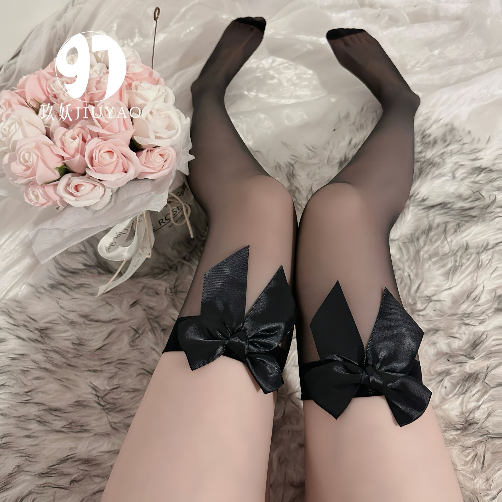 Women's Sexy Over-The-Knee Long Bowknot Erotic Stockings, High Black Stockings, Lingerie Socks, Spicy Girl Sexy Bowknot