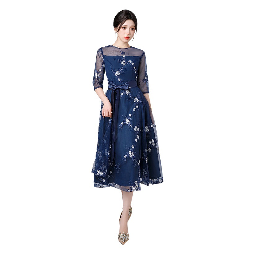 Vestido de noche de encaje 2026, nuevo diseño floral, longitud media, malla, cuello redondo, AliExpress, sitio independiente, vestido petite